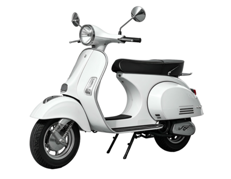White, vintage-style scooter with chrome accents, black seat, and a classic design