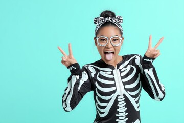 Young woman in skeleton costume making peace signs playful on turquoise background