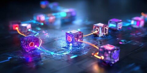 A vibrant, futuristic network of glowing cubes interconnected with colorful light trails on a dark surface.