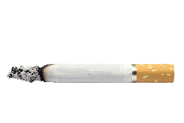 Smoldering Cigarette: A close-up of a smoldering cigarette, with a delicate trail of ash and smoke, symbolizing addiction and harmful habits.