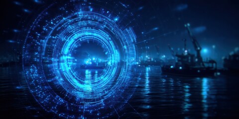 A futuristic blue digital interface overlaying a serene night harbor scene, blending technology with maritime elements.