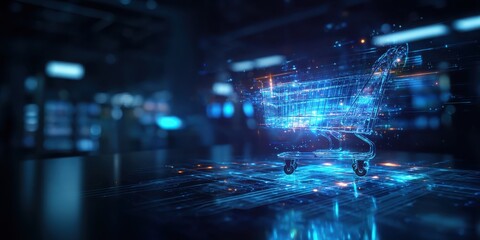A digital shopping cart rendered in blue lights, symbolizing e-commerce and modern technology against a futuristic background.