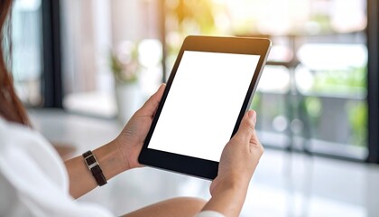 Close Up of Tablet with Blank White Screen Held By Woman in White Blouse, Indoor Bright Light, Focus on Device