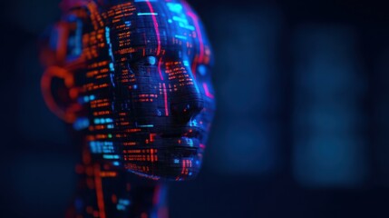 A digital representation of a futuristic head, illuminated with vibrant blue and orange circuit patterns, symbolizing artificial intelligence and technology.