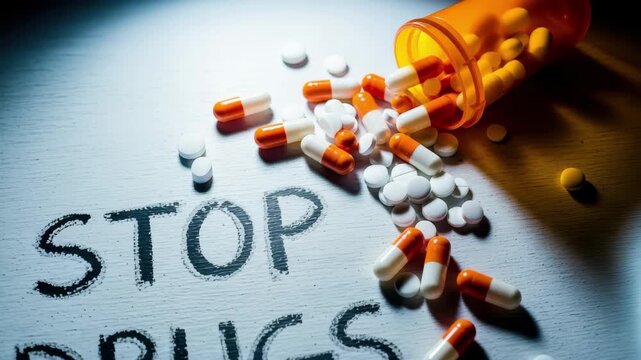 Stop Drugs Pills Spilled Medication Addiction Prevention, 4k video footage