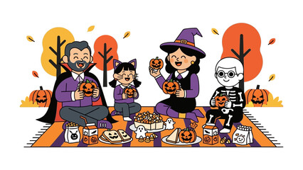Halloween Family Gathering: A festive illustration depicts a family picnic, adorned in playful Halloween costumes, surrounded by autumnal hues and spooky decorations.