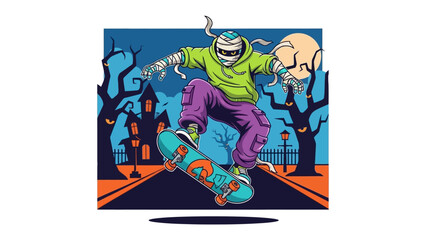 Spooky Skateboarder: A cool mummy skateboarding under a full moon, in a spooky atmosphere. Perfect for Halloween!