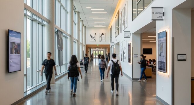 Modern University Hallway Interior with Students Walking on Campus Day - Powered by Adobe
