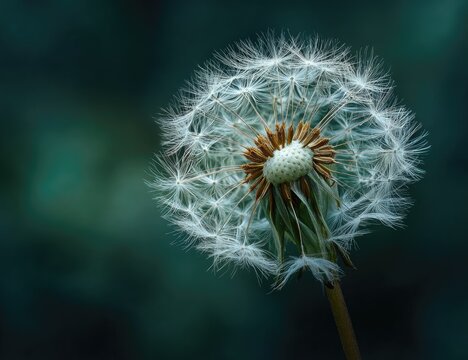 Close-up of a dandelion seed head against a teal backdrop