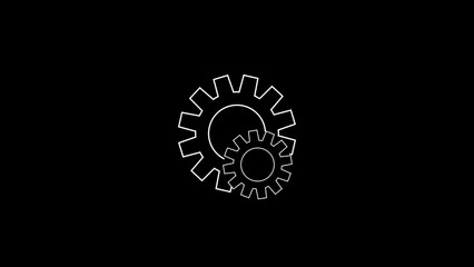 Two interlocking white gears with a sketch like outline against a solid black background