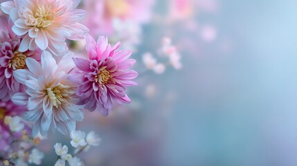 Soft focus pastel pink and white dahlia flowers with delicate white baby's breath, creating a dreamy and romantic floral composition
