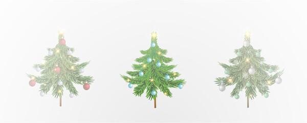 Christmas tree, sparkling lights in the shape of a fir tree on a transparent background. New Year tree made of glowing lights, gold, white, blue, green, vector, png.
