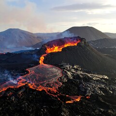 Volcanic eruption, lava flow, mountain landscape