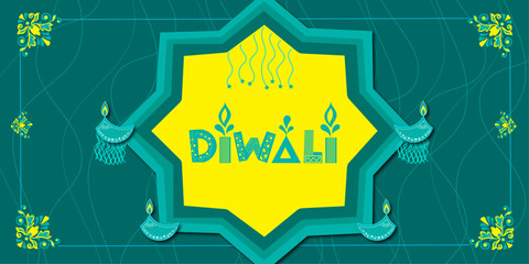 Diwali Festival Greeting Background with Glowing Oil Lamps, Traditional Rangoli Mandala Pattern, Indian Decorative Celebration Poster for Deepavali Festival of Lights Invitation and Card Design