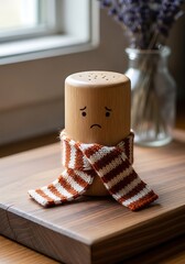 Melancholy Wooden Character Seeking Warmth and Comfort, a Symbol of Loneliness or Seasonal Depression, perfect for Mental Health and Holiday Campaigns