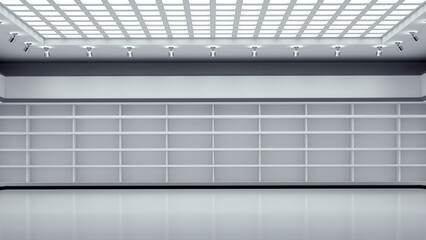 Large empty commercial hall with empty shelves along the walls and LED spotlights ceiling. 3d illustration