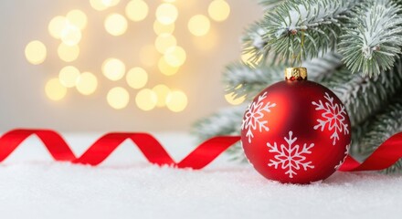 Red christmas ornament with snowflakes on snow and ribbon