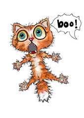 funny scared cartoon cat saying boo halloween illustration