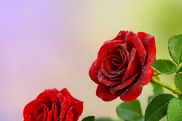 Beautiful Red Rose Flower Close-Up with Dew Drops, Romantic Bloom on Green Stem, Nature Macro Photography for Love, Wedding, and Valentine Designs