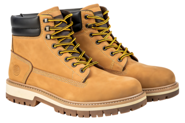 Pair of sturdy tan work boots with black accents and rugged soles perfect for outdoor activities and demanding jobs