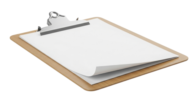 Clipboard with blank white paper sheet for notes isolated PNG with Transparent Background