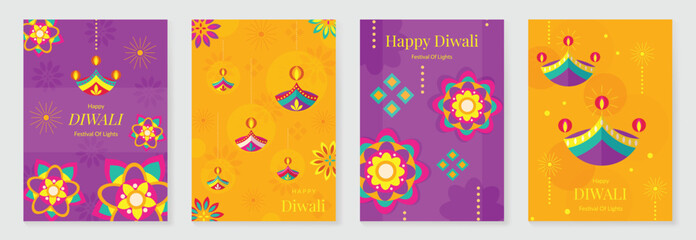 Obraz na płótnie Canvas Happy Diwali light festival poster vector set. Diwali festival wallpaper design with colorful lantern, floating lights, firework. Culture Illustration design for celebration, greeting, card, ads.