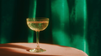Elegant champagne glass with sparkling wine on table against green velvet curtain, luxury festive background for New Year, wedding, party invitations, posters, and holiday marketing