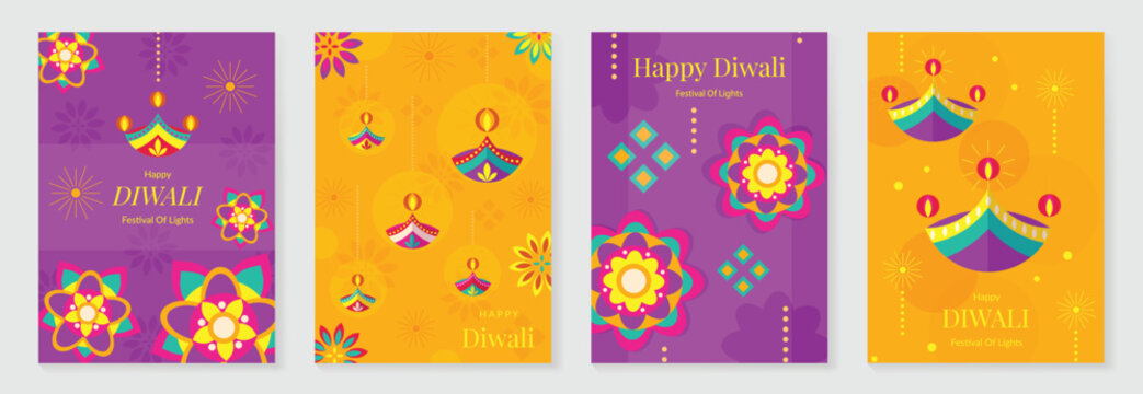 Happy Diwali light festival poster vector set. Diwali festival wallpaper design with colorful lantern, floating lights, firework. Culture Illustration design for celebration, greeting, card, ads. - Powered by Adobe