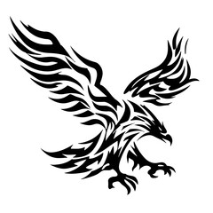 Fototapeta premium A black and white vector illustration of a stylized bird in tribal art style with outstretched wings, sharp claws,