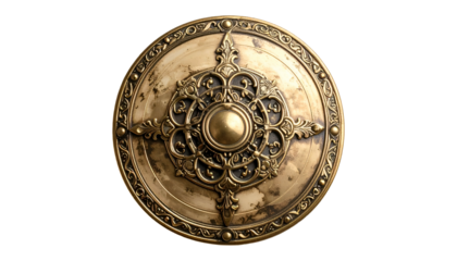 Ornate antique shield with intricate, golden floral design