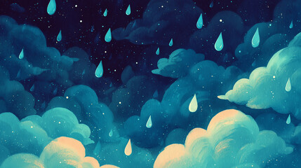 Whimsical illustration of raindrops falling from the sky in children’s book style, playful seamless background for storybooks, wallpapers, posters, and creative design projects