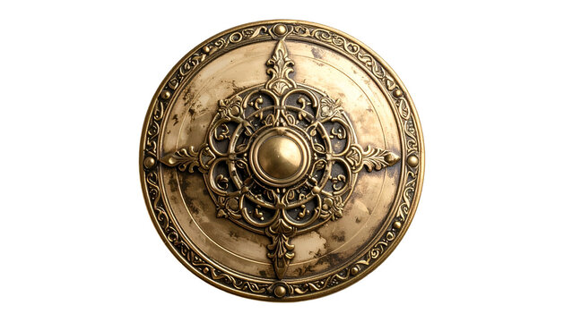 Ornate antique shield with intricate, golden floral design