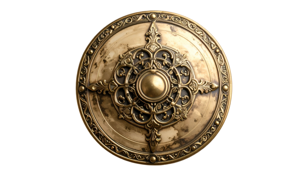 Ornate antique shield with intricate, golden floral design
