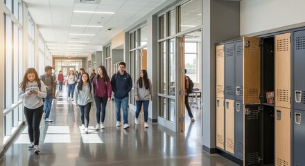 Modern Bright School Interior With Students Walking in the Hallway