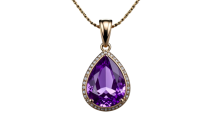 Gold necklace with a large purple gem pendant and surrounding diamonds