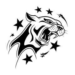 Obraz premium A bold black and white tribal cat design with an aggressive face, sharp teeth, and dynamic stars with motion lines,