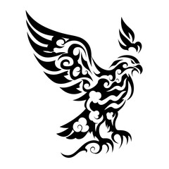 Obraz premium A black and white tribal style vector illustration of an eagle with wide spread wings, intricate foliage patterns,