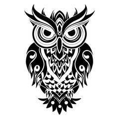 Fototapeta premium A bold tribal owl tattoo design featuring intricate black and white line art, detailed graphic elements,