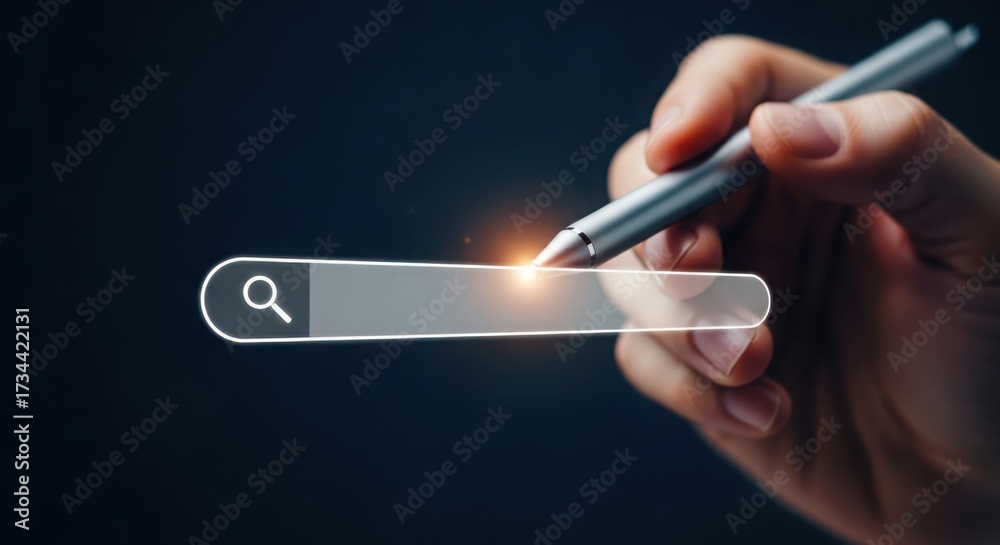 Wall mural hand using a stylus to type into a search bar on a dark background