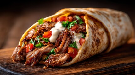 A mouthwatering beef burrito bursting with flavor, featuring tender shredded beef, fresh tomatoes, cilantro, and a drizzle of creamy sauce, all wrapped in soft tortillas.