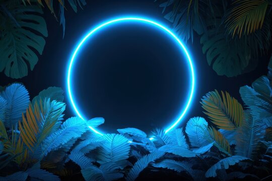 Vivid Neon Circle Framed by Vibrant Tropical Leaves in a Dark Jungle Setting at Night