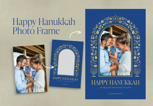 Hanukkah Family Photo Card Template & Holiday Greetings Card Layout with Jewish Frame Border