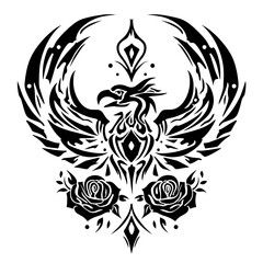 Obraz premium A bold black and white tribal eagle tattoo design with intricate roses,