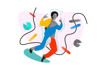 Composite photo collage of happy american guy show horn rock gesture wear headphones weekend party event isolated on painted background