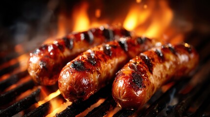 Three perfectly grilled sausages sizzle above blazing flames, capturing the robust flavor and excitement of cooking outdoors, ideal for any barbecue enthusiast.