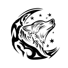Obraz premium A minimalist black and white line art illustration of a howling wolf with intricate curves,