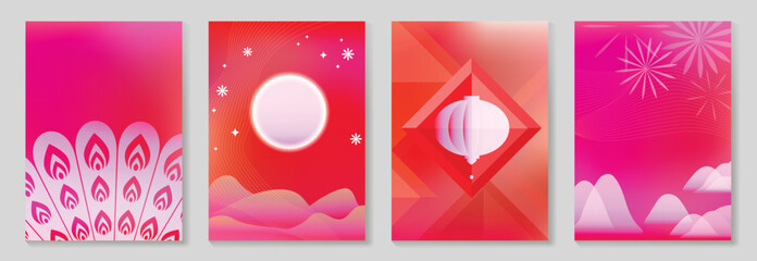 Obraz na płótnie Canvas Chinese New year poster design vector set. Modern new year red card with lantern, fan, moon, mountain, firework. Illustration for flyer, brochure, social media, banner, envelope, ads.