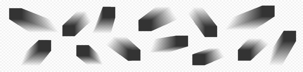 Square and rectangle box shadow effects. Realistic overlay and transparent shadows vector set, shades falling from objects on floor with soft black edges and dark corners, transparent background