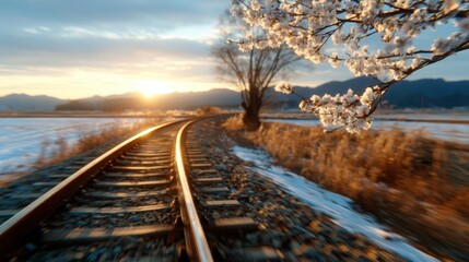 A serene landscape featuring a railway track under a beautiful sunset, framed by delicate cherry blossoms, symbolizing tranquility and the beauty of nature.
