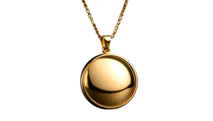 Golden orb pendant necklace on black background, shiny, luxurious jewelry